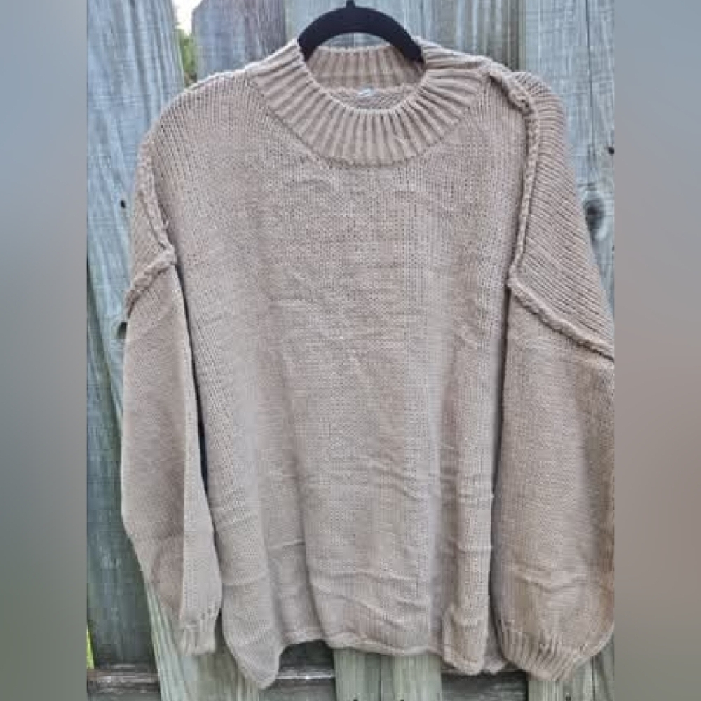 Large Women Tan Beige Nude Crew Neck Sweater Relax Fit Casual Minimalist Casual